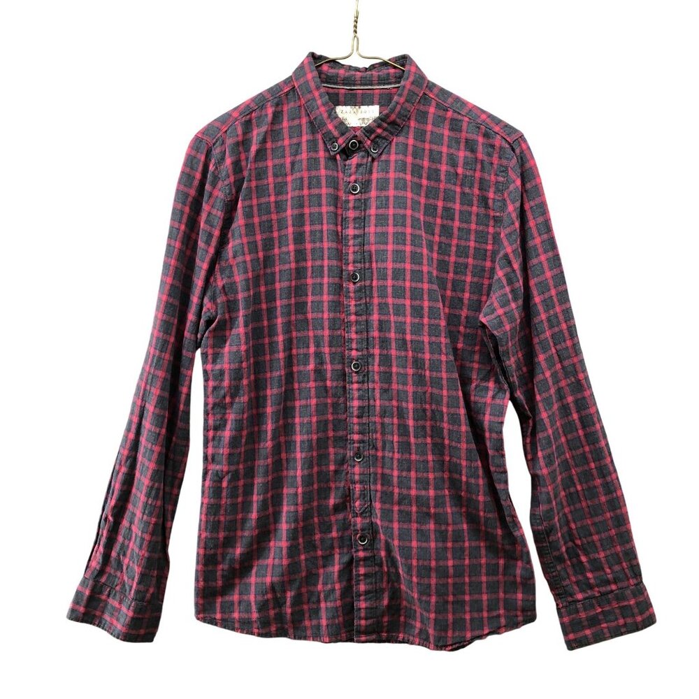 Zara Boys 13-14 Long Sleeve Button Down Shirt Red Gray Check Plaid Lightweight